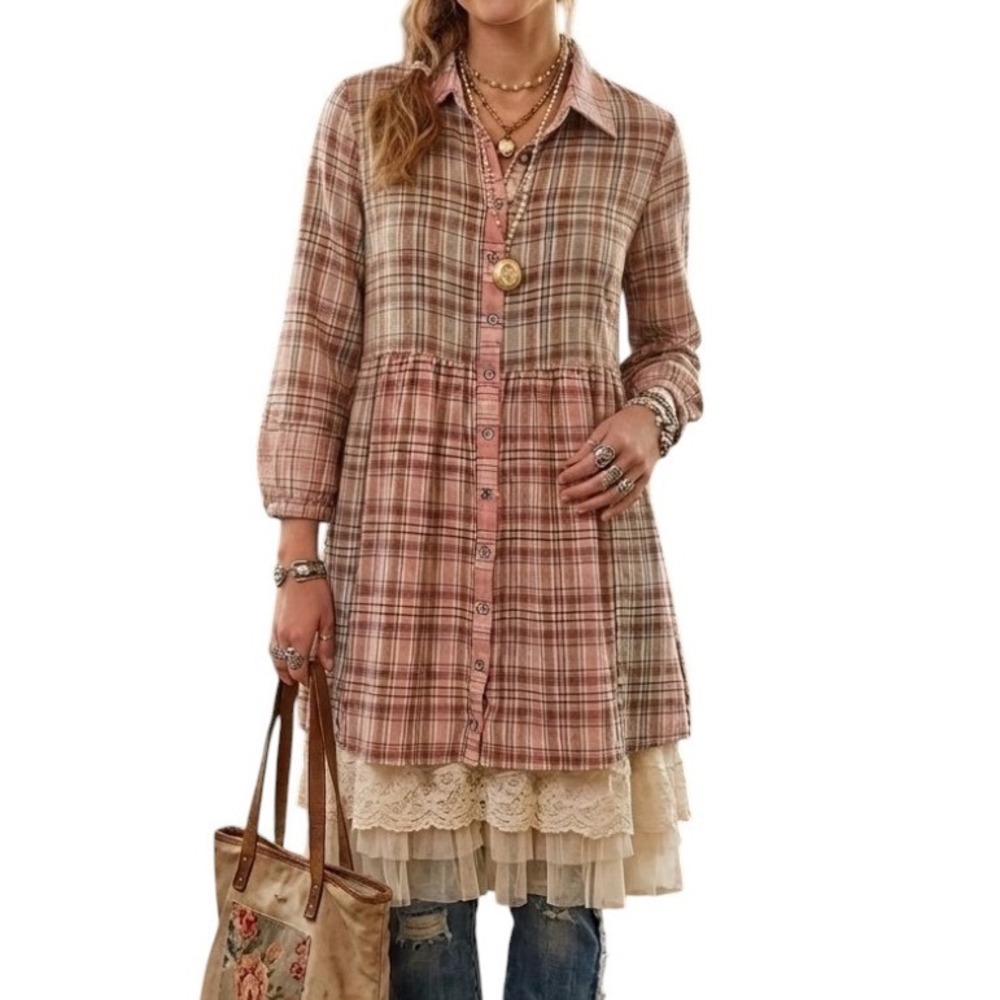 Easel Los Angeles Cottagecore Mixed Print Babydoll Tunic Top Raw Hem Cotton Sm